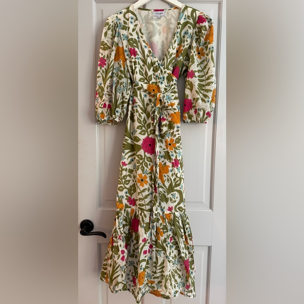 Beautiful Floral Puff Sleeve Midi Wrap Dress, Fully Lined. Sz S